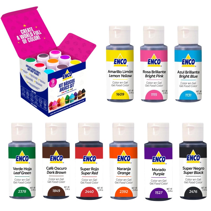 ENCO 9 Basic Food Coloring Gel Set 1.41 oz each (40 g) Concentrated, Vegan, Includes Color Mixing Guide - Image 1